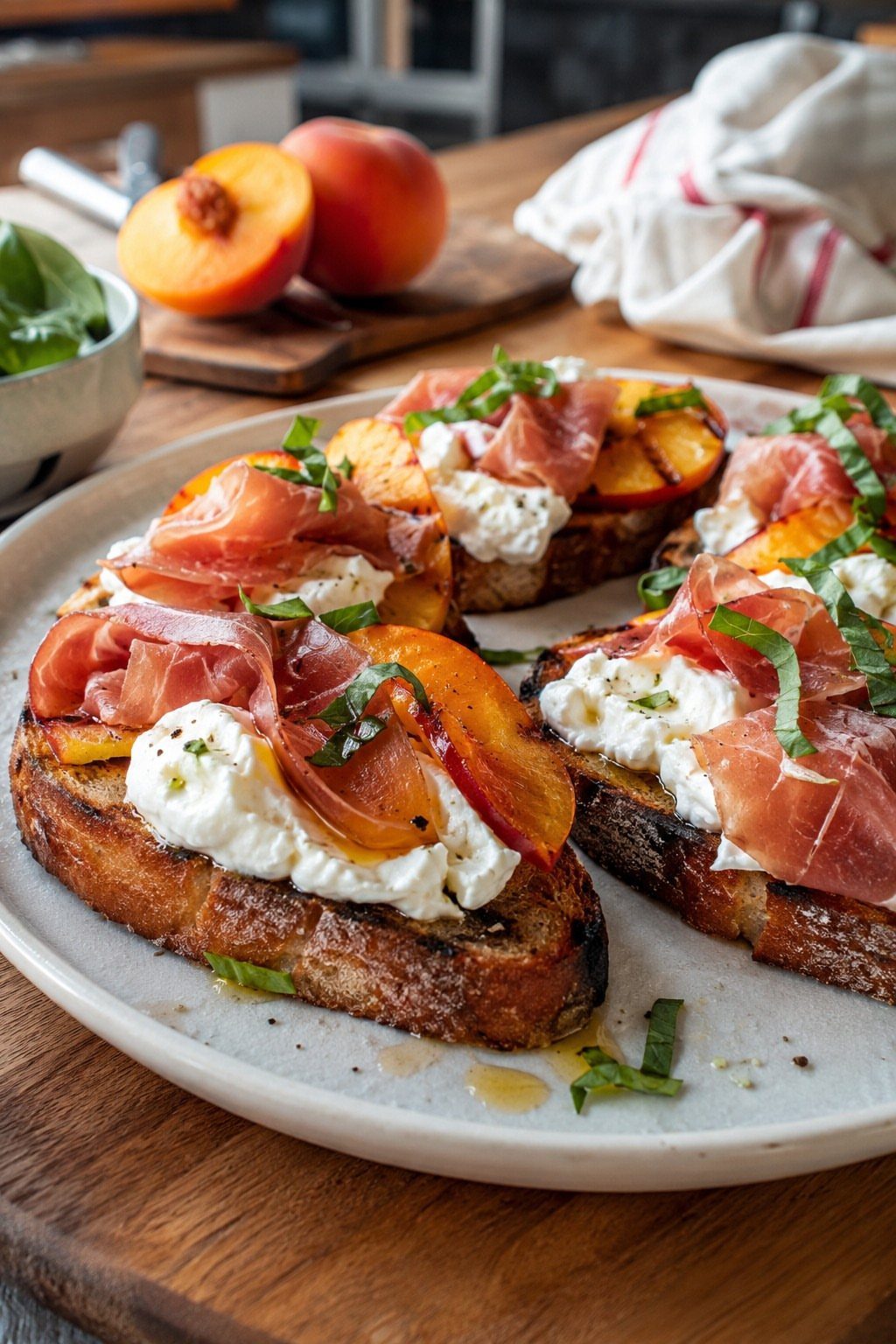 Peach bruschetta with creamy cheese, prosciutto, and basil on toasted bread slices.