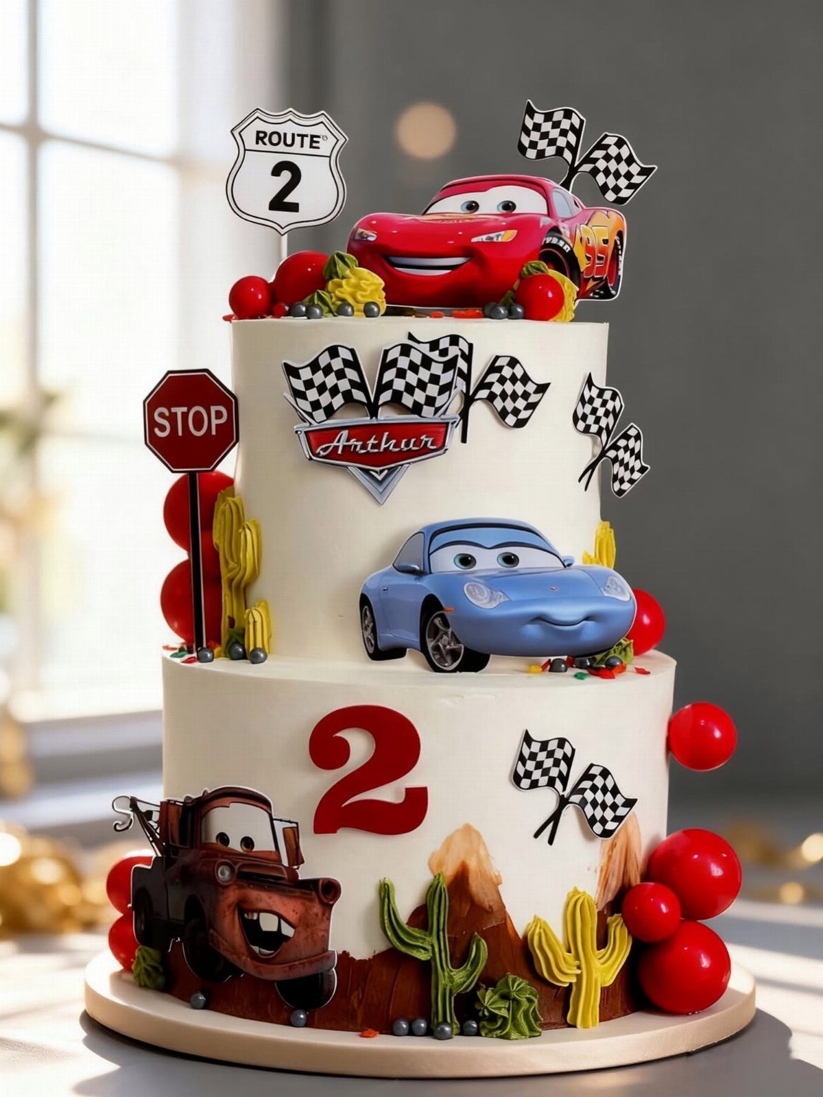 Two-tier white birthday cake decorated with Cars movie characters and racing flags.