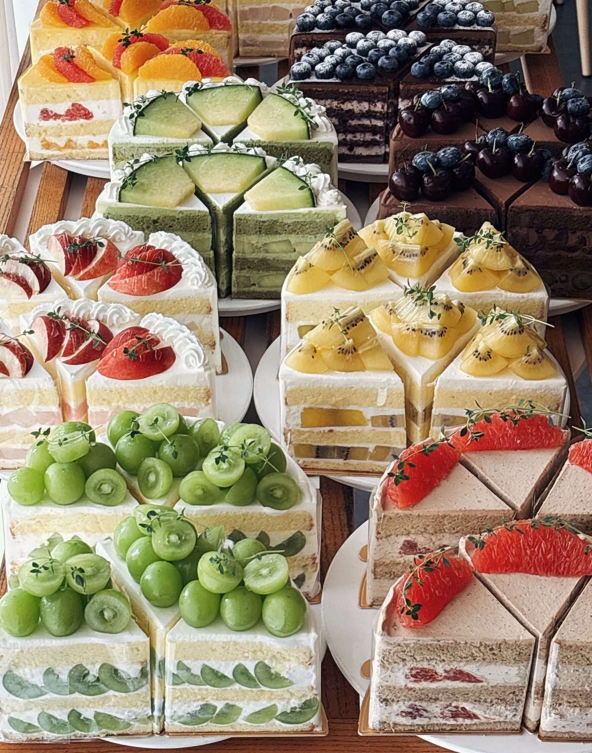 Assorted cake slices topped with fresh grapes, strawberries, pineapple, and other sliced fruits.