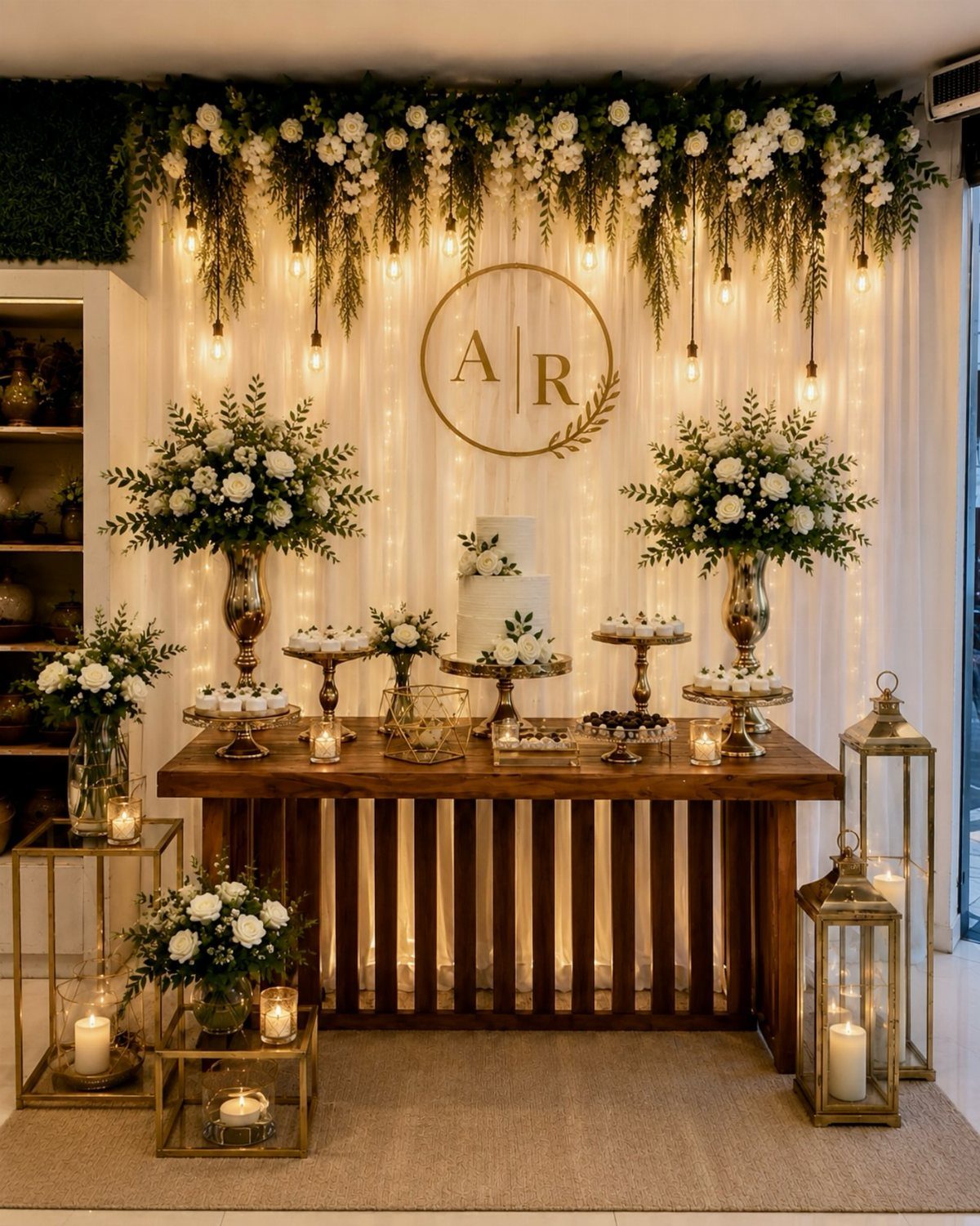 Wooden cake table with white floral arrangements and a floral garland backdrop.
