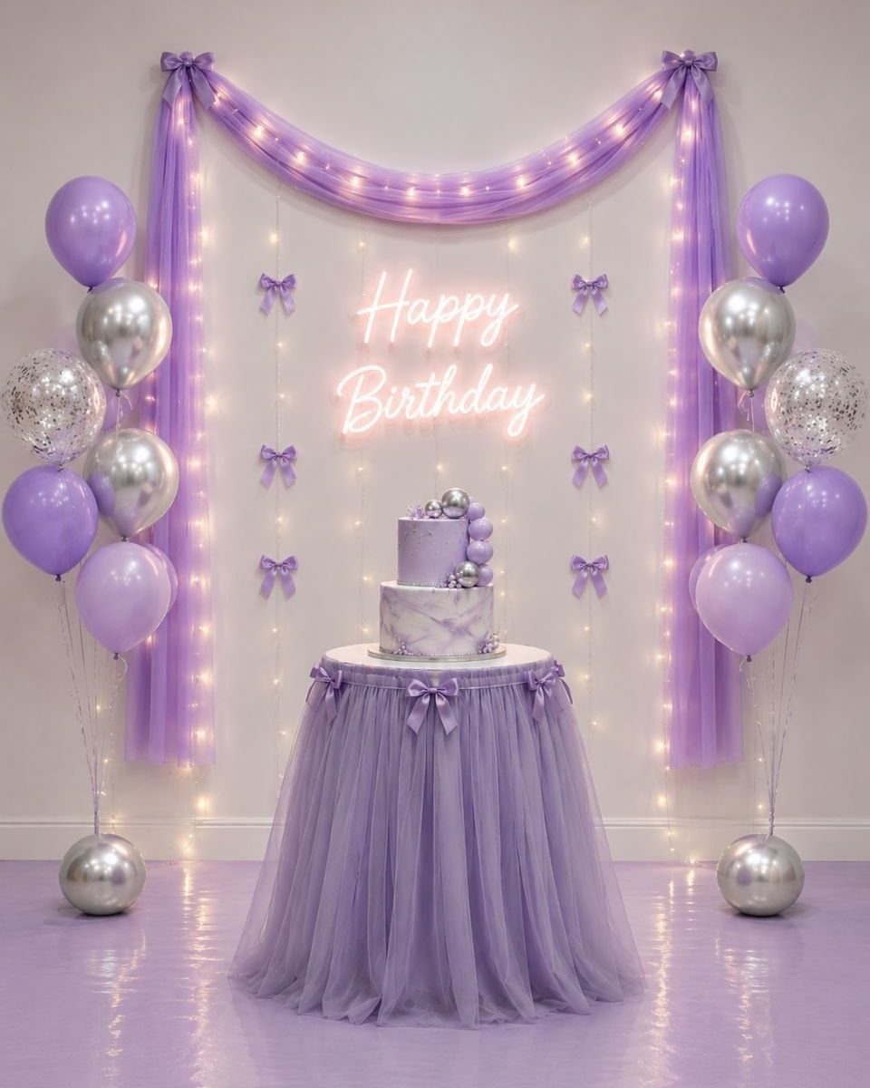 Purple birthday cake setup with tulle table skirt, neon sign, and balloons.