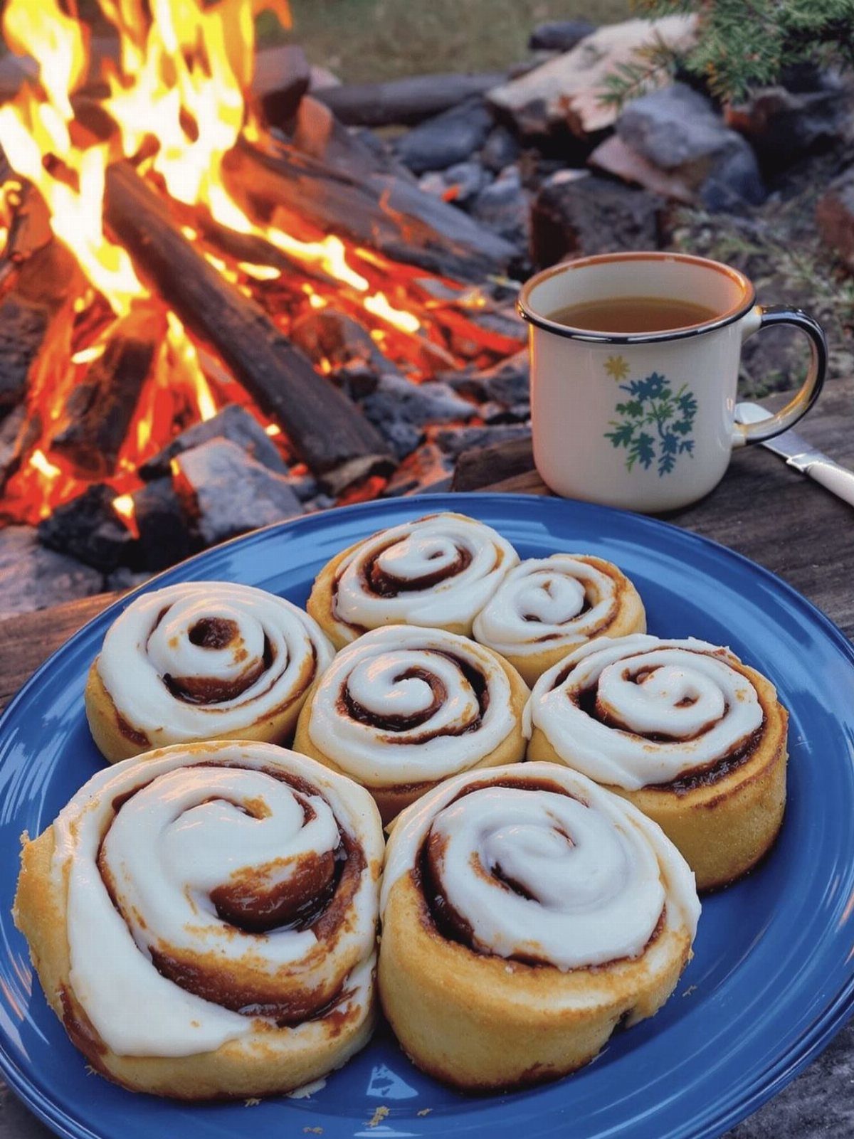 Glazed cinnamon rolls on a blue plate next to a campfire and tea mug.