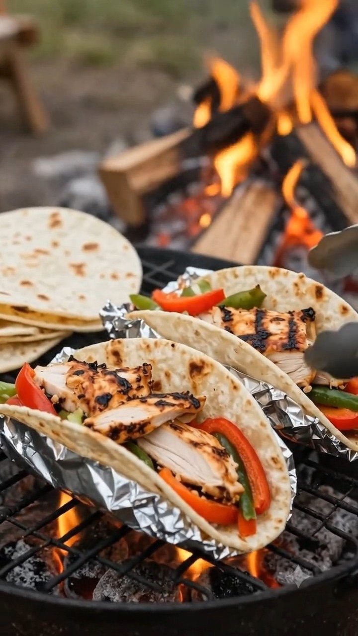 Grilled chicken tacos with bell peppers on a campfire grill with flames behind.