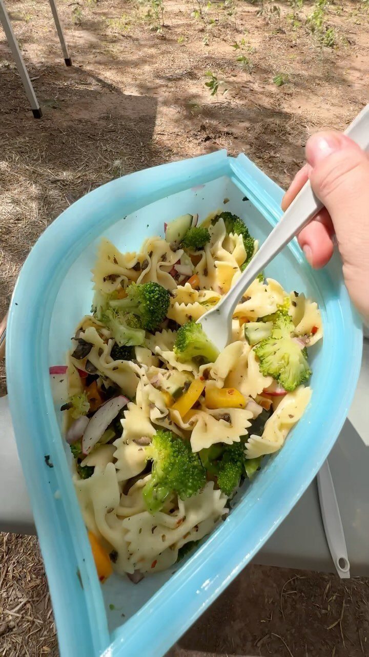 Farfalle pasta salad with broccoli and peppers in a blue plastic container outdoors.