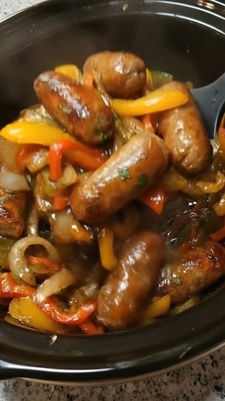 Browned sausages with red and yellow bell peppers in a black slow cooker.