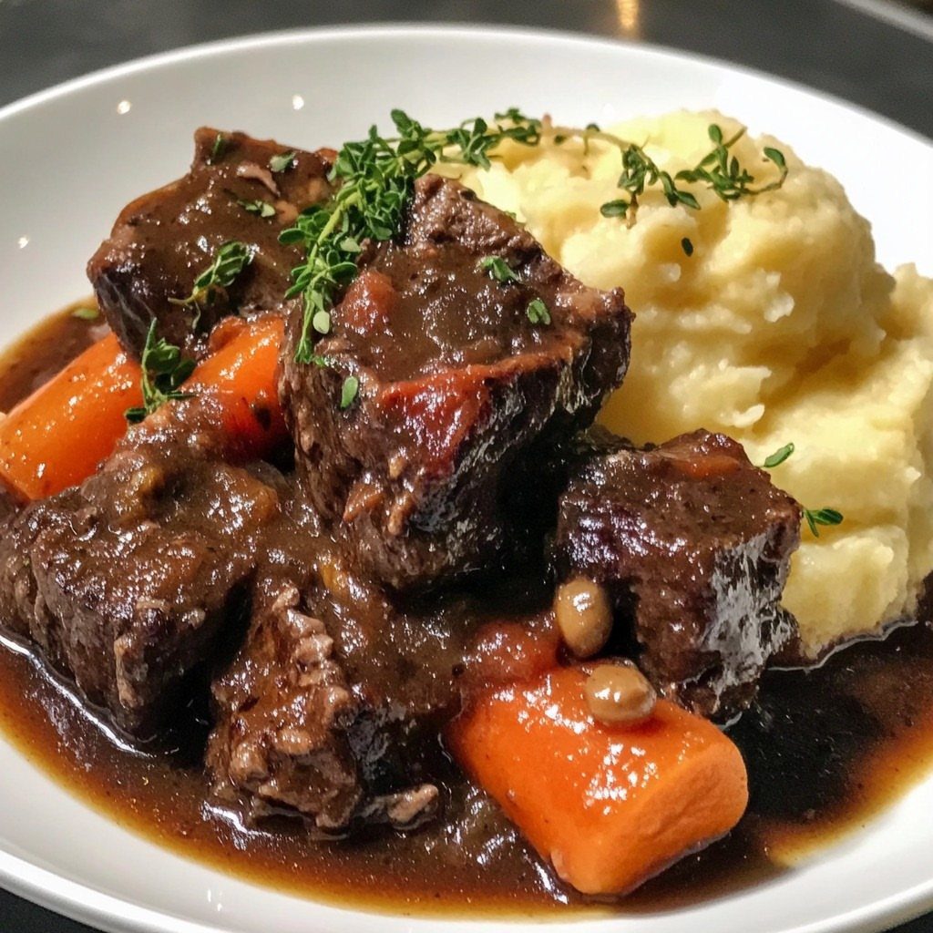 Braised beef burgundy with carrots and mashed potatoes garnished with fresh thyme.