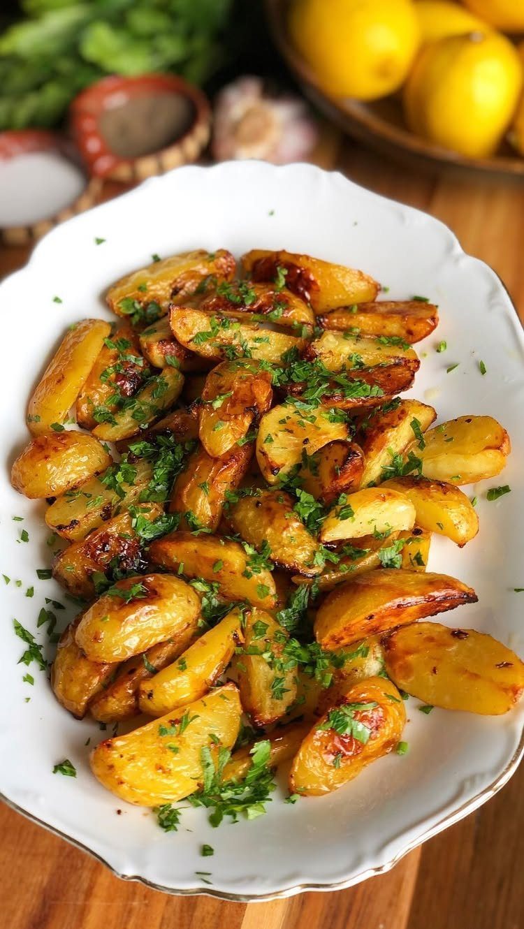 Roasted potato wedges with parsley on a white platter with lemons in background