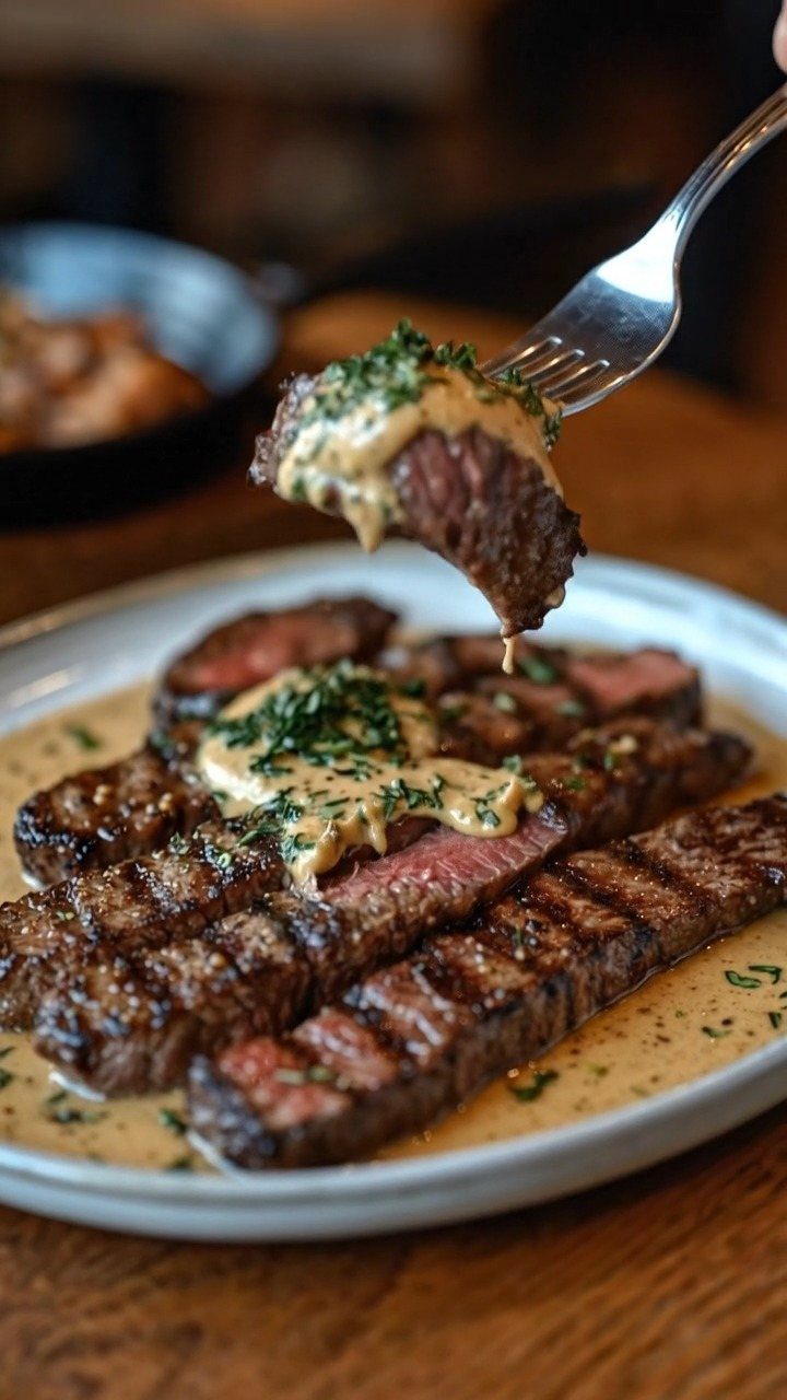 Grilled steak slices with creamy sauce and herbs on a white plate