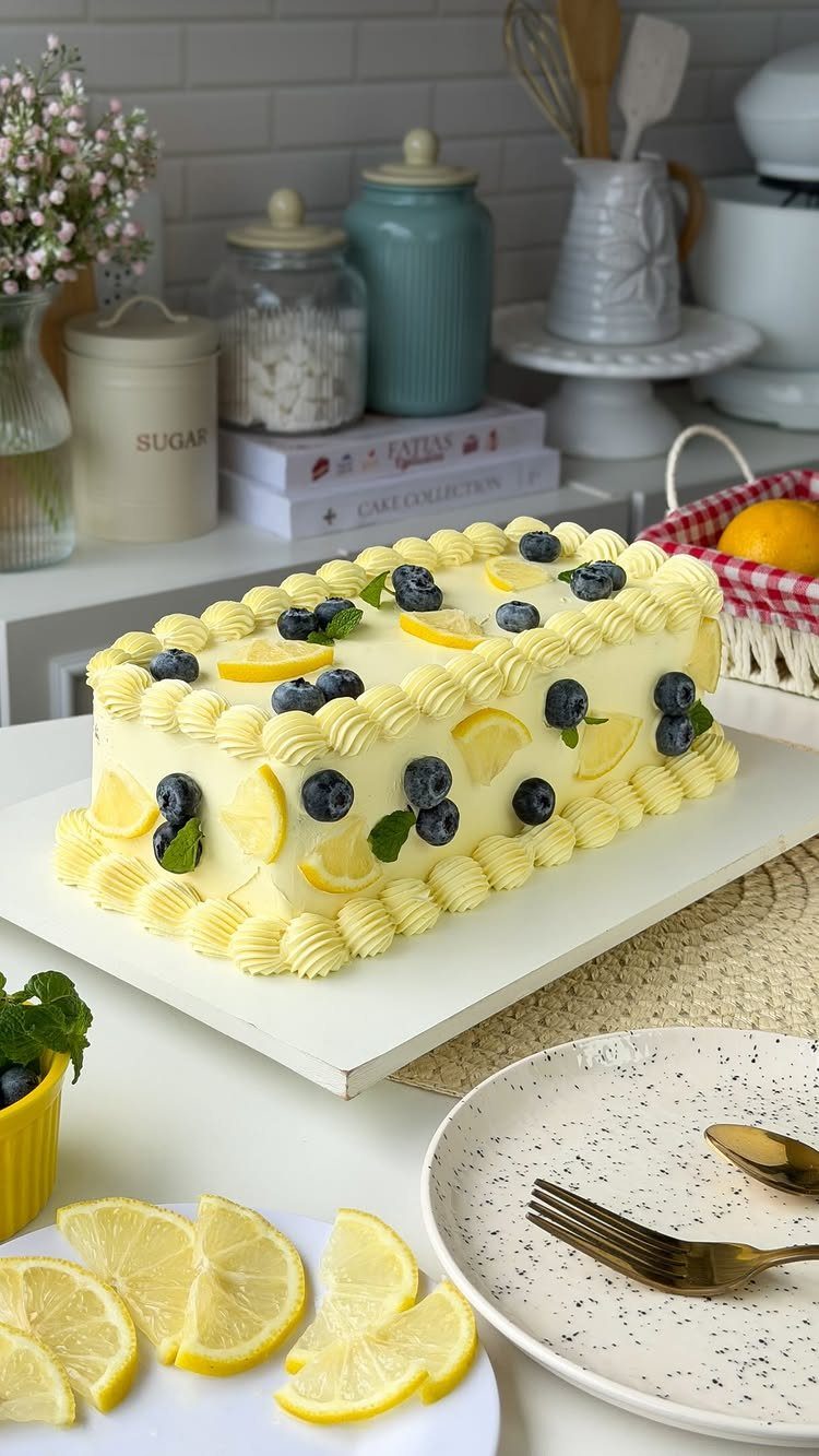 Rectangular lemon cake decorated with fresh blueberries, lemon slices, and mint leaves.
