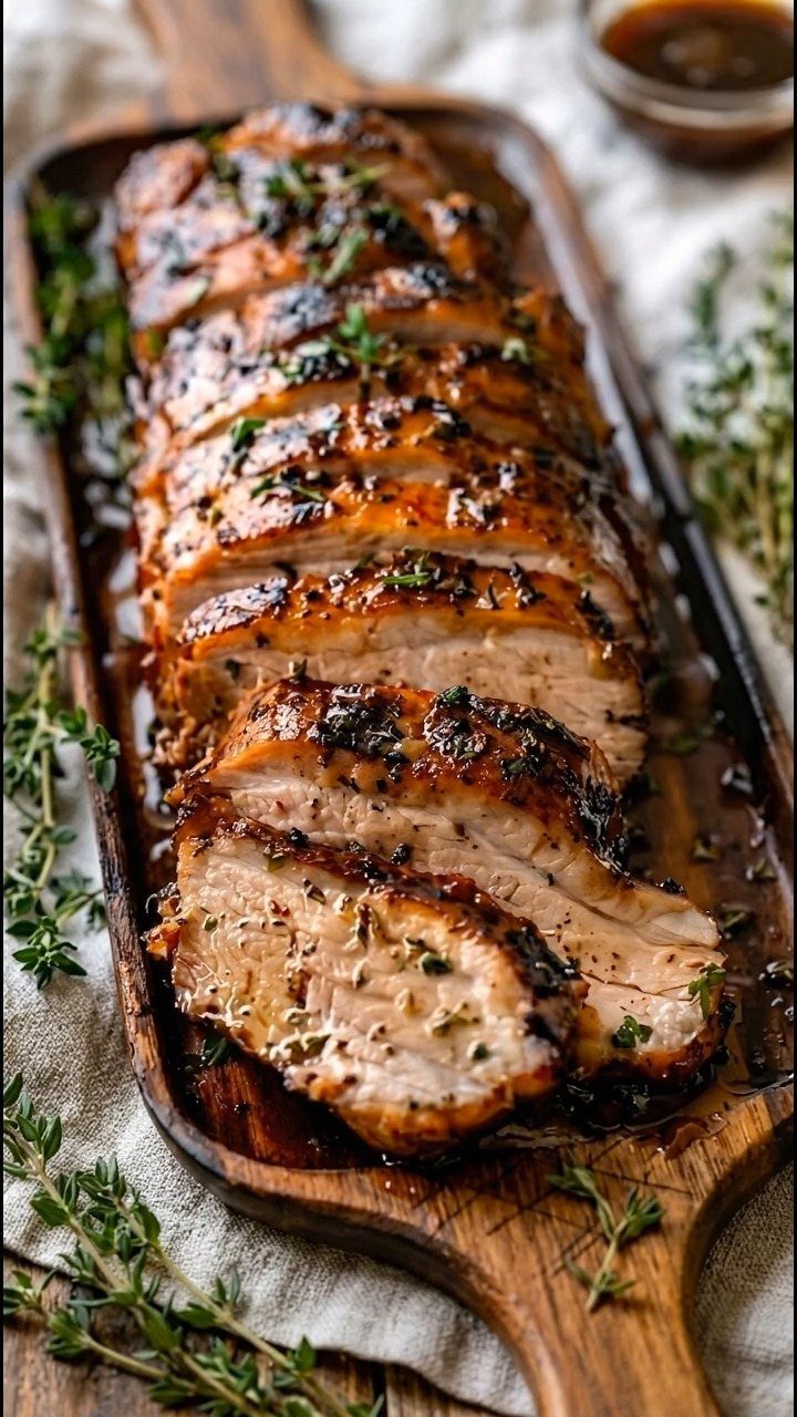 Sliced roasted pork tenderloin with glaze and herbs on a wooden board