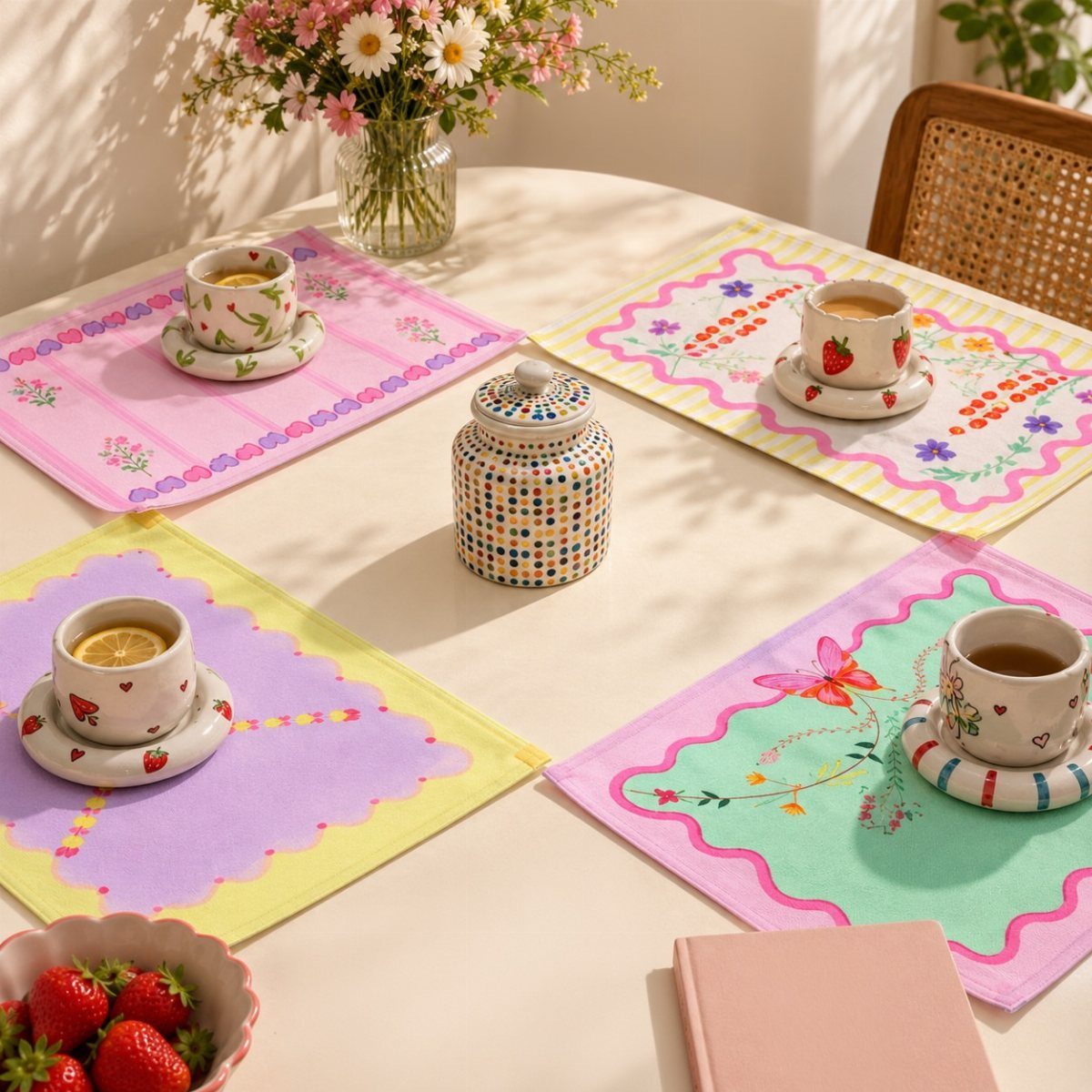 Colorful patterned placemats with ceramic cups and a vase of daisies on a table
