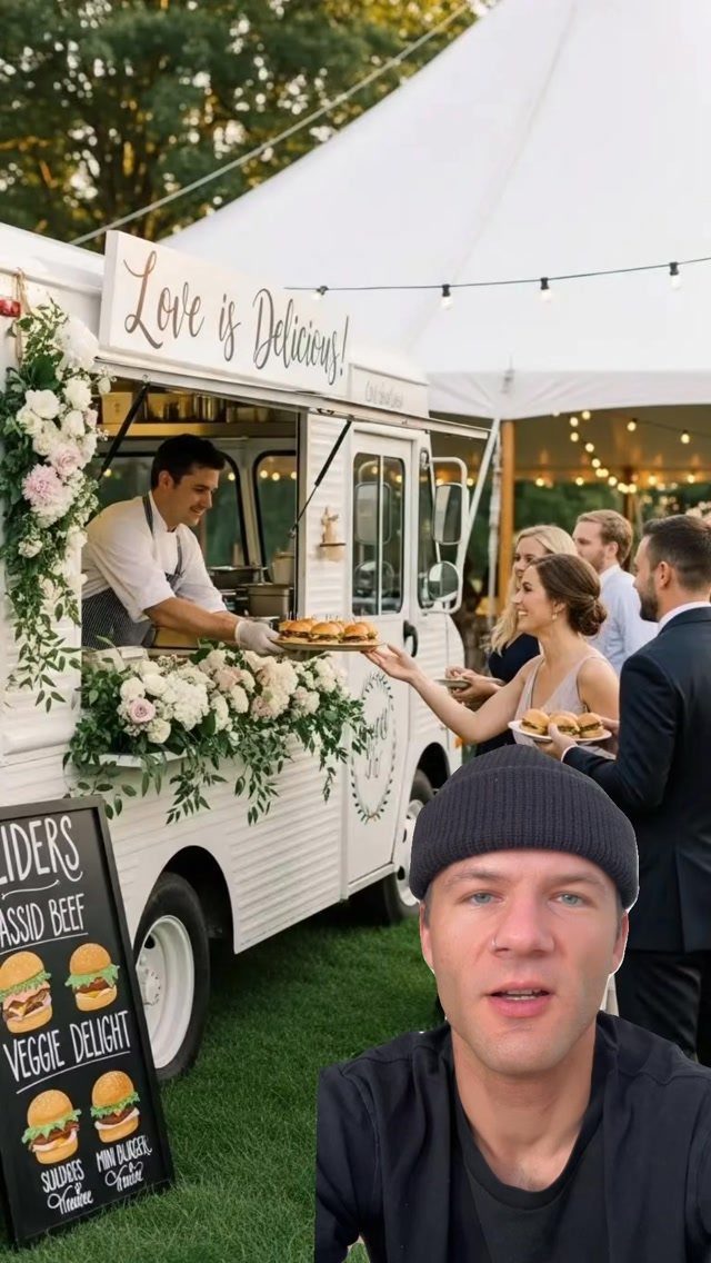Man taking a selfie in front of a catered food truck at an outdoor party