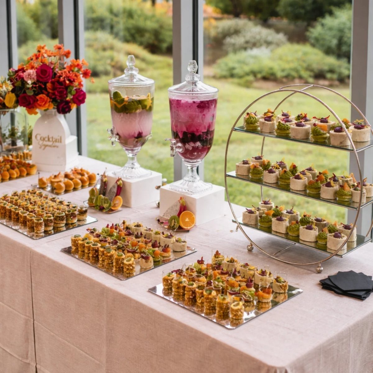 Assorted appetizers and colorful drinks on a catered table for a cocktail party.
