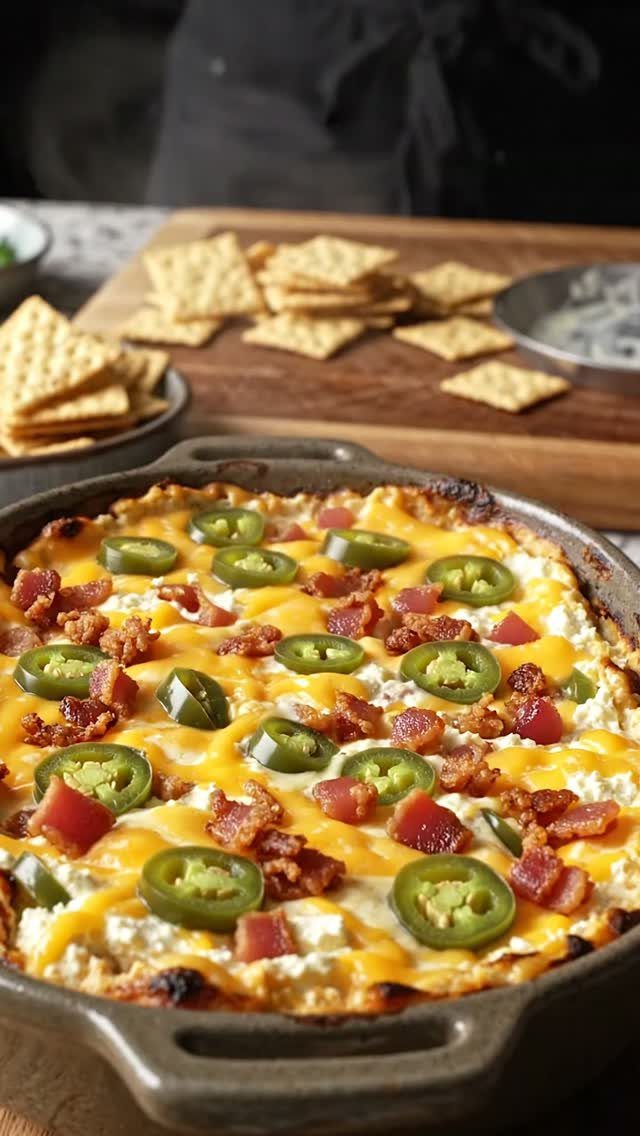 Creamy baked dip topped with melted cheese, bacon, jalapeños, and tomatoes with crackers.