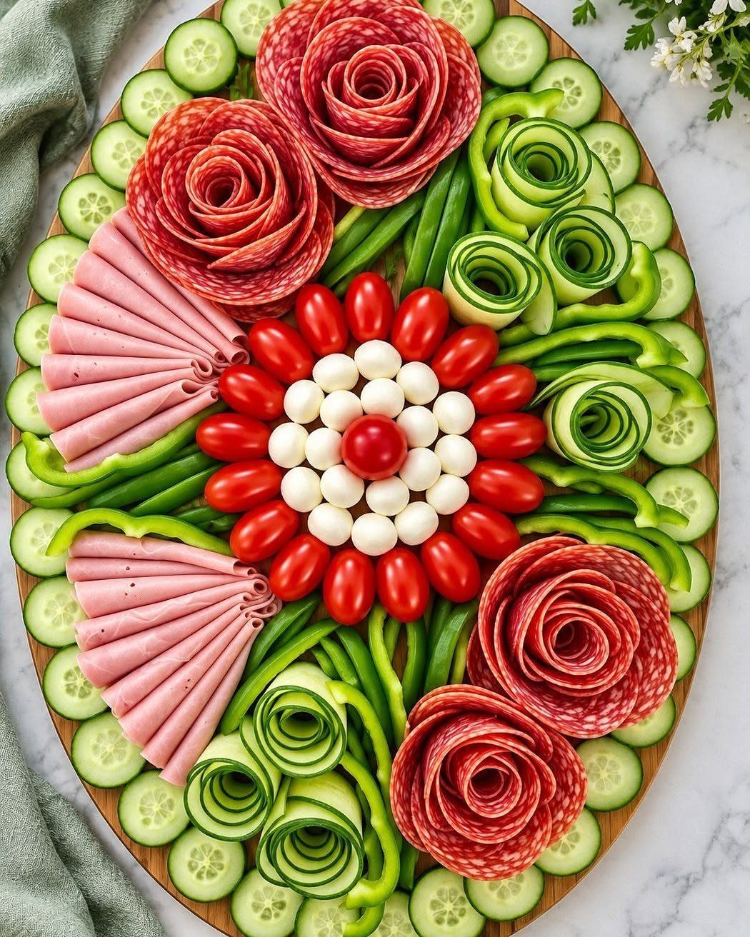 Vegetable and meat platter with salami roses, cucumbers, and cherry tomatoes on wood.