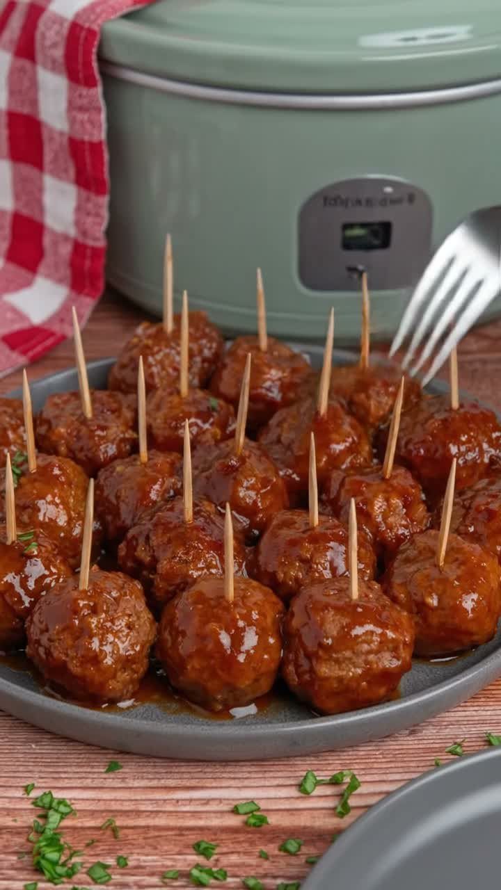 Glazed meatballs with toothpicks served on a grey plate next to a slow cooker.
