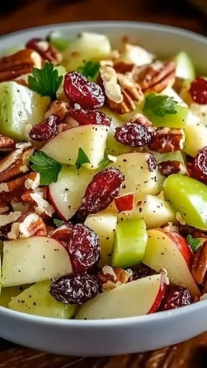 Fruit and nut salad with apples, cranberries, and pecans in a white bowl.