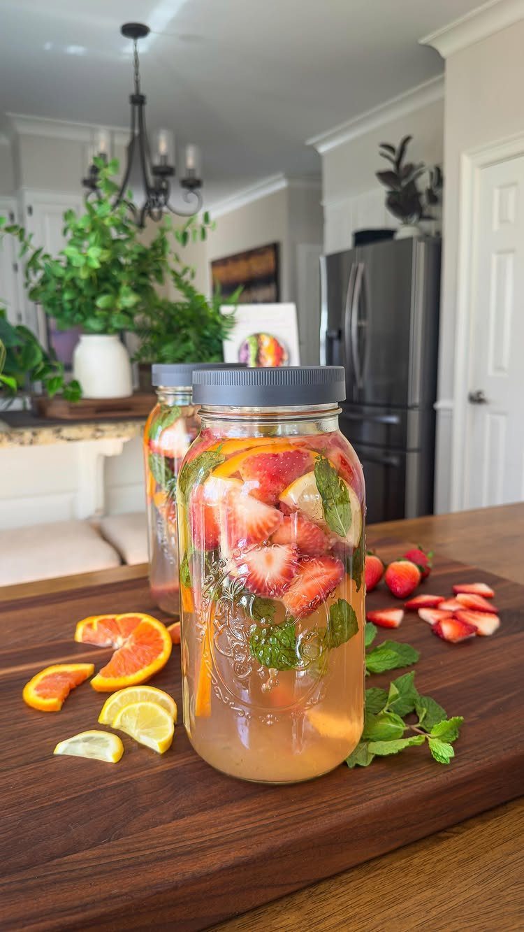 Infused water with strawberries, citrus, and mint in large glass jars on wood.