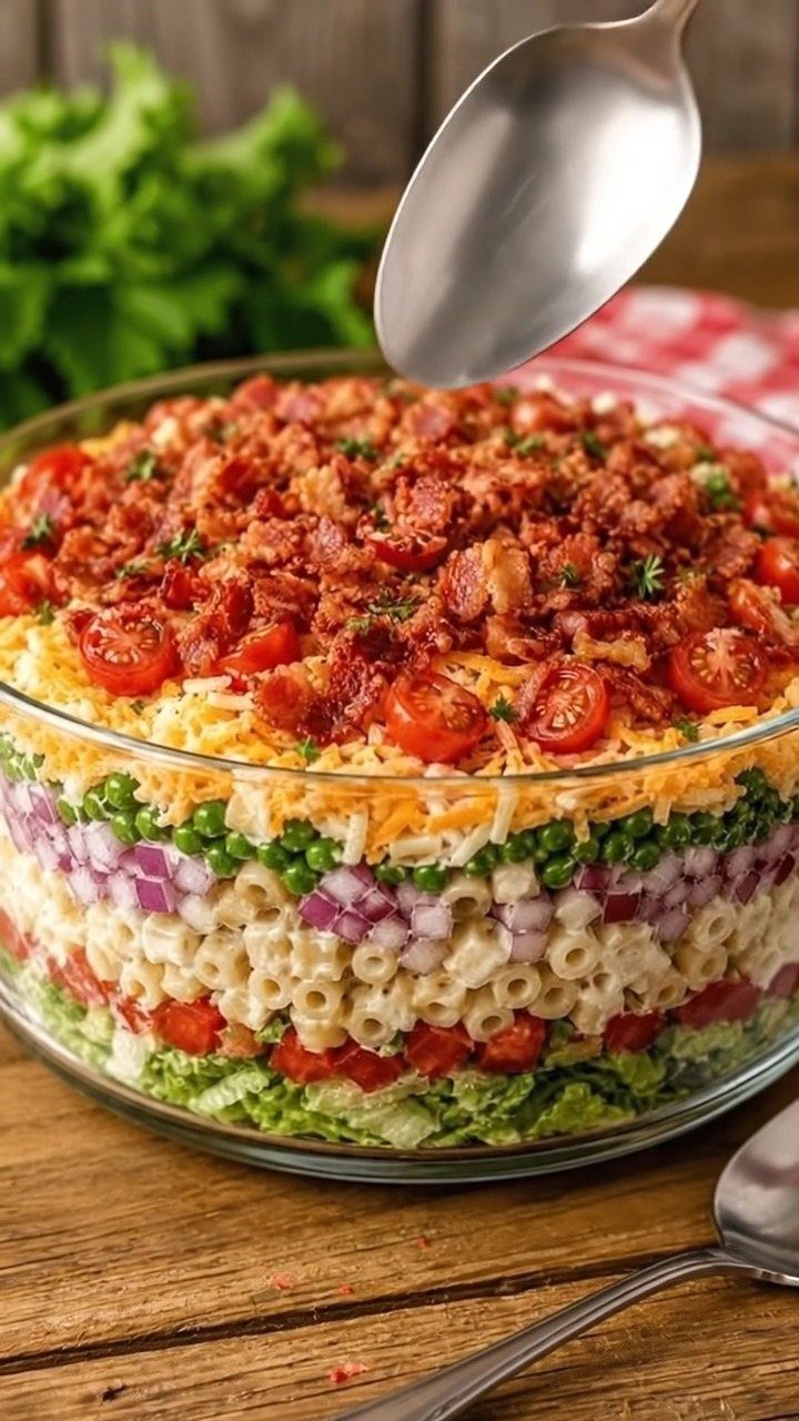 Layered pasta salad with bacon and cheese in a clear glass bowl.