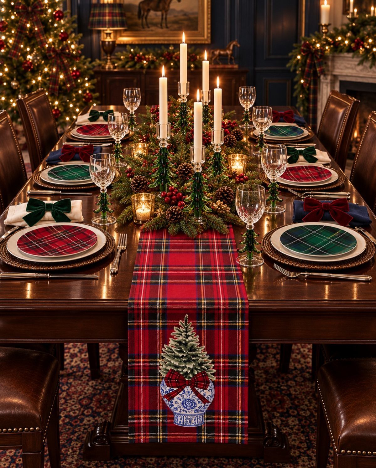 Festive Christmas table setting with red plaid runner, colorful plates, and candlelit greenery.