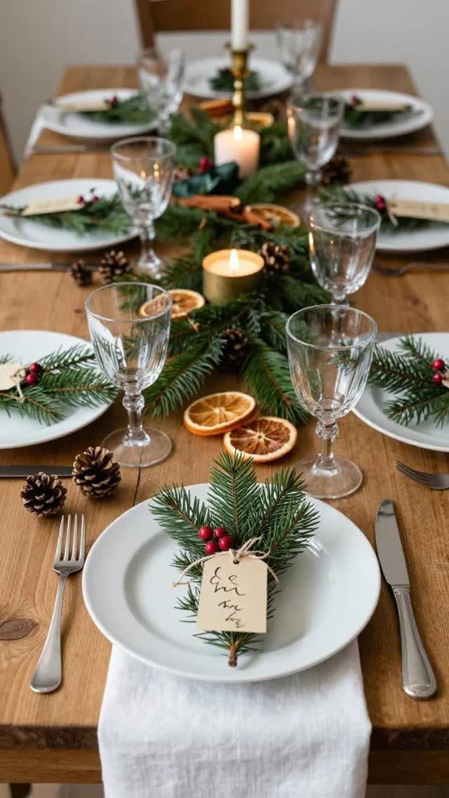 Christmas table setting with evergreen greenery, pinecones, dried oranges, and white plates.