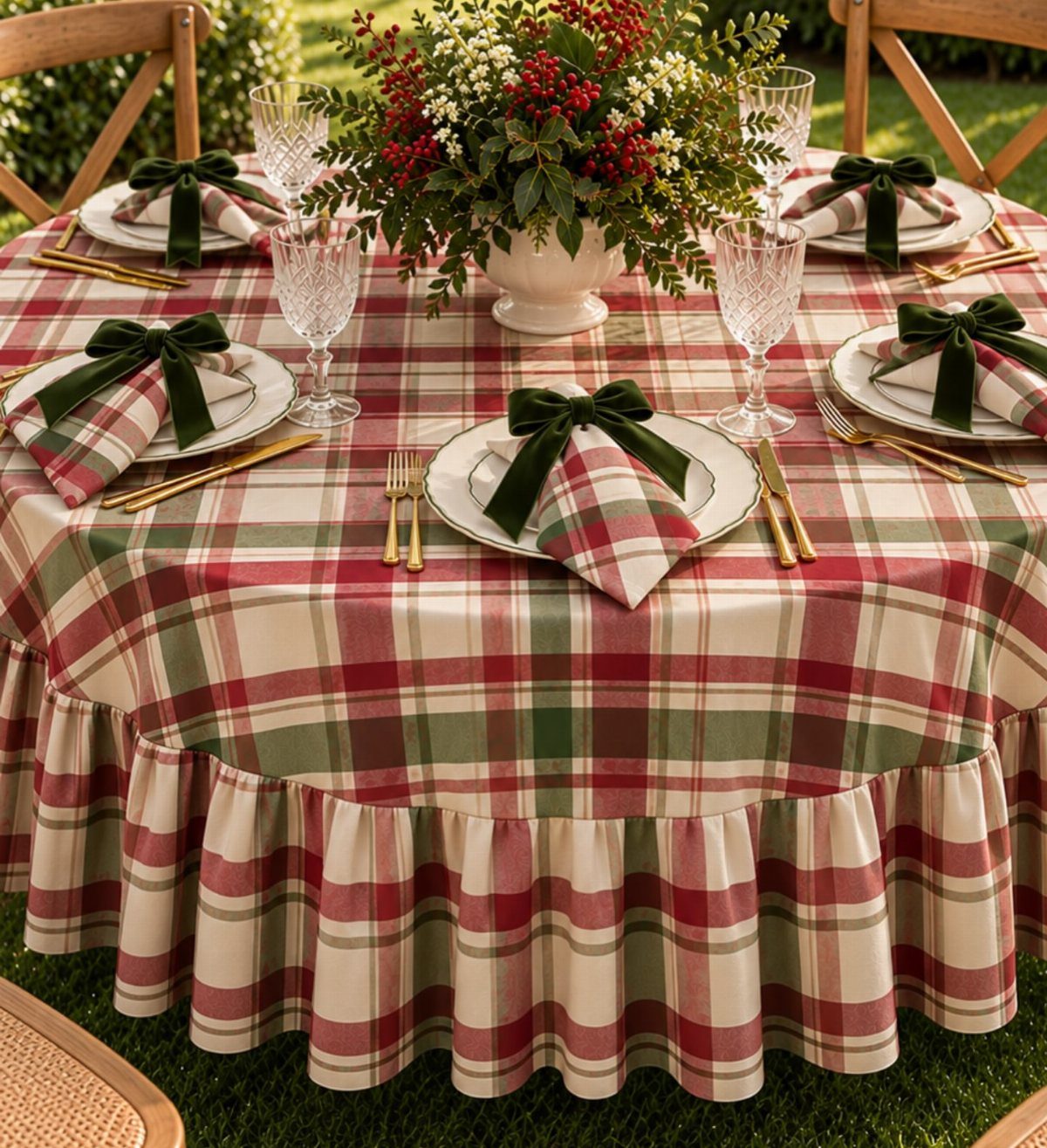 Plaid tablecloth with red and green patterns, white plates, and berry centerpiece.