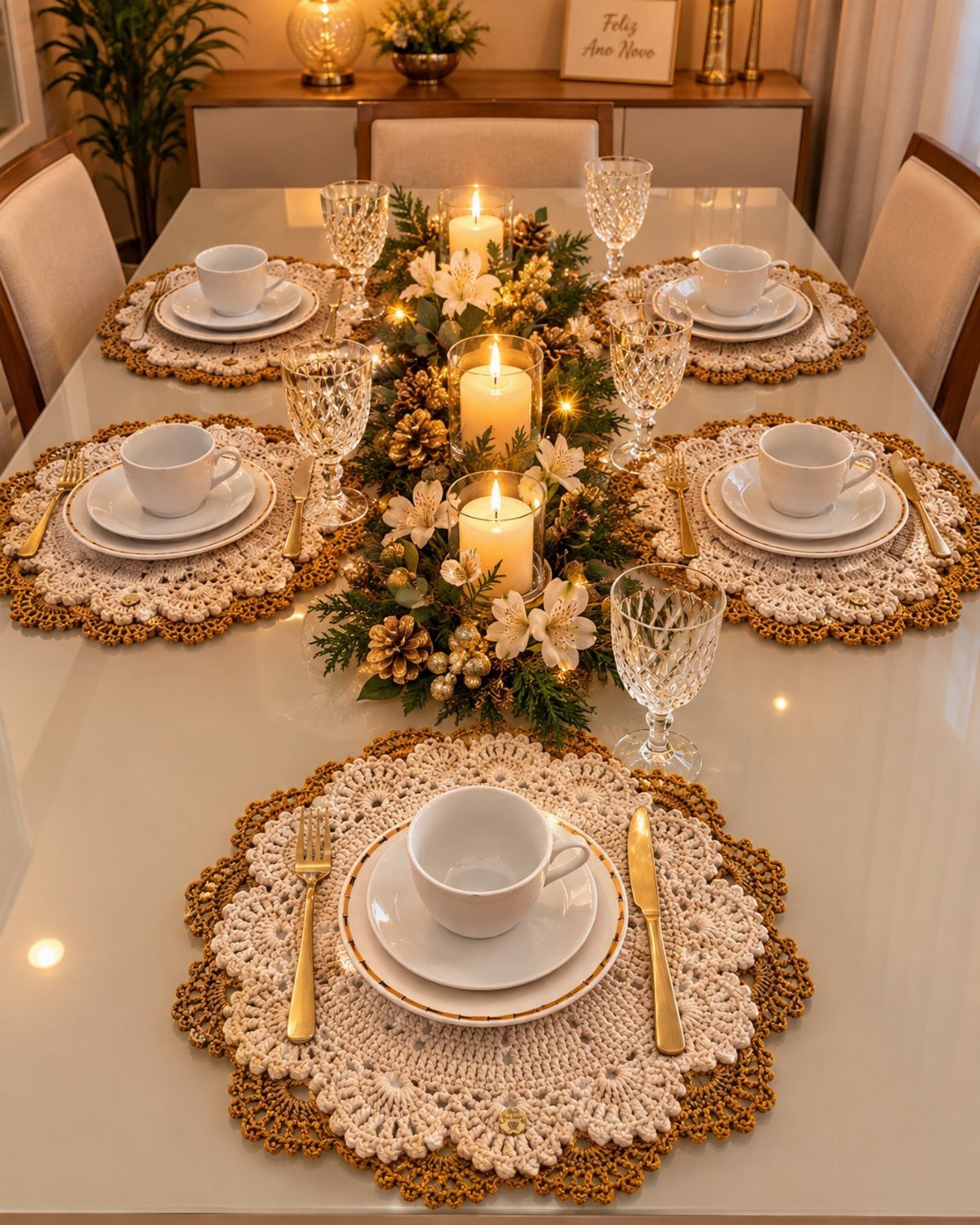 White plates and cups on cream crocheted placemats with a candlelit greenery centerpiece.