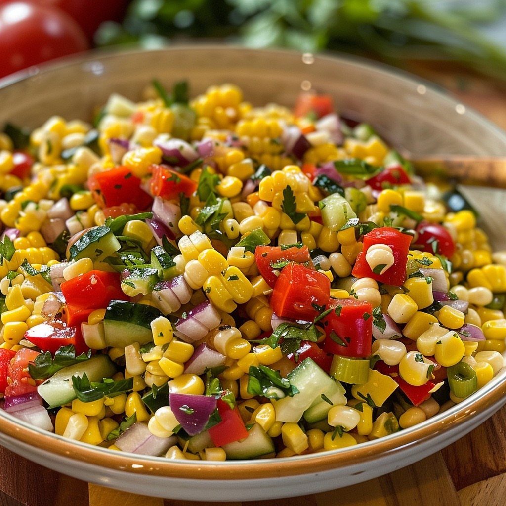 Corn salad with red peppers, cucumbers, and red onion in a ceramic bowl.