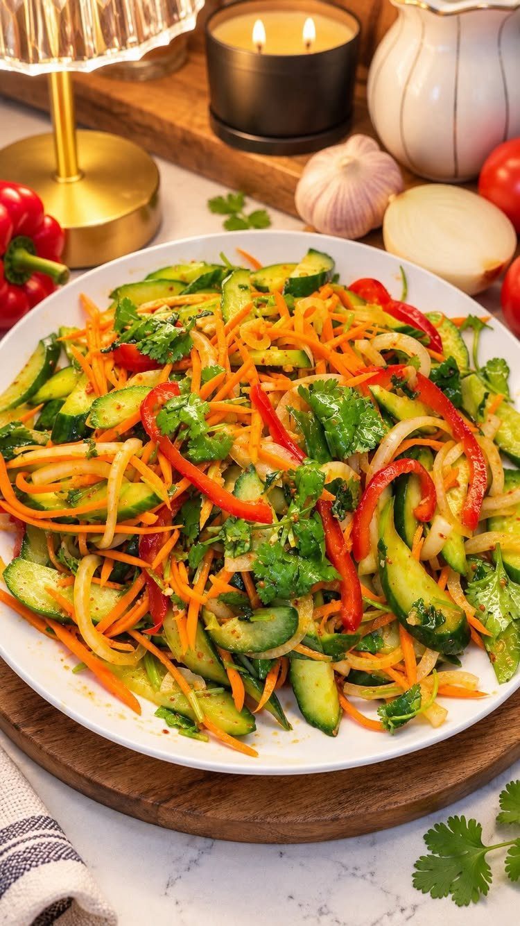 Cucumber salad with carrots and red peppers on a white plate