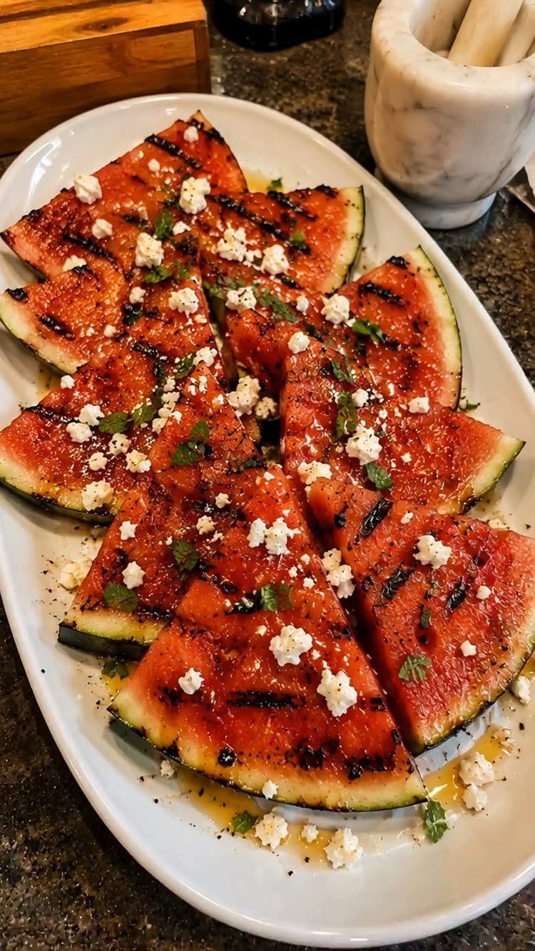 Grilled watermelon slices topped with feta cheese and herbs on a white platter.