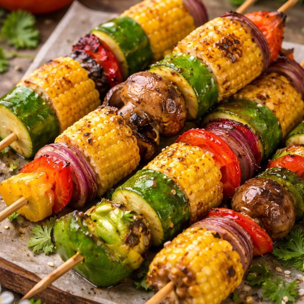Grilled vegetable skewers with corn, zucchini, bell peppers, and mushrooms on a platter.