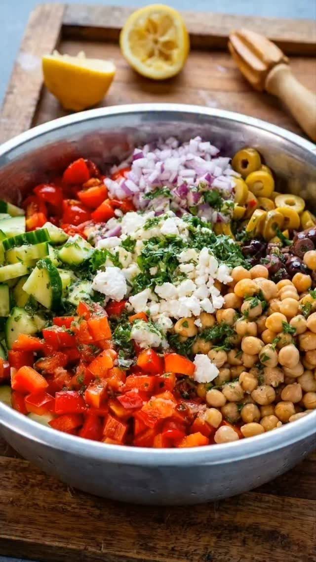 Mediterranean chickpea salad ingredients in a metal bowl with lemon wedges nearby.