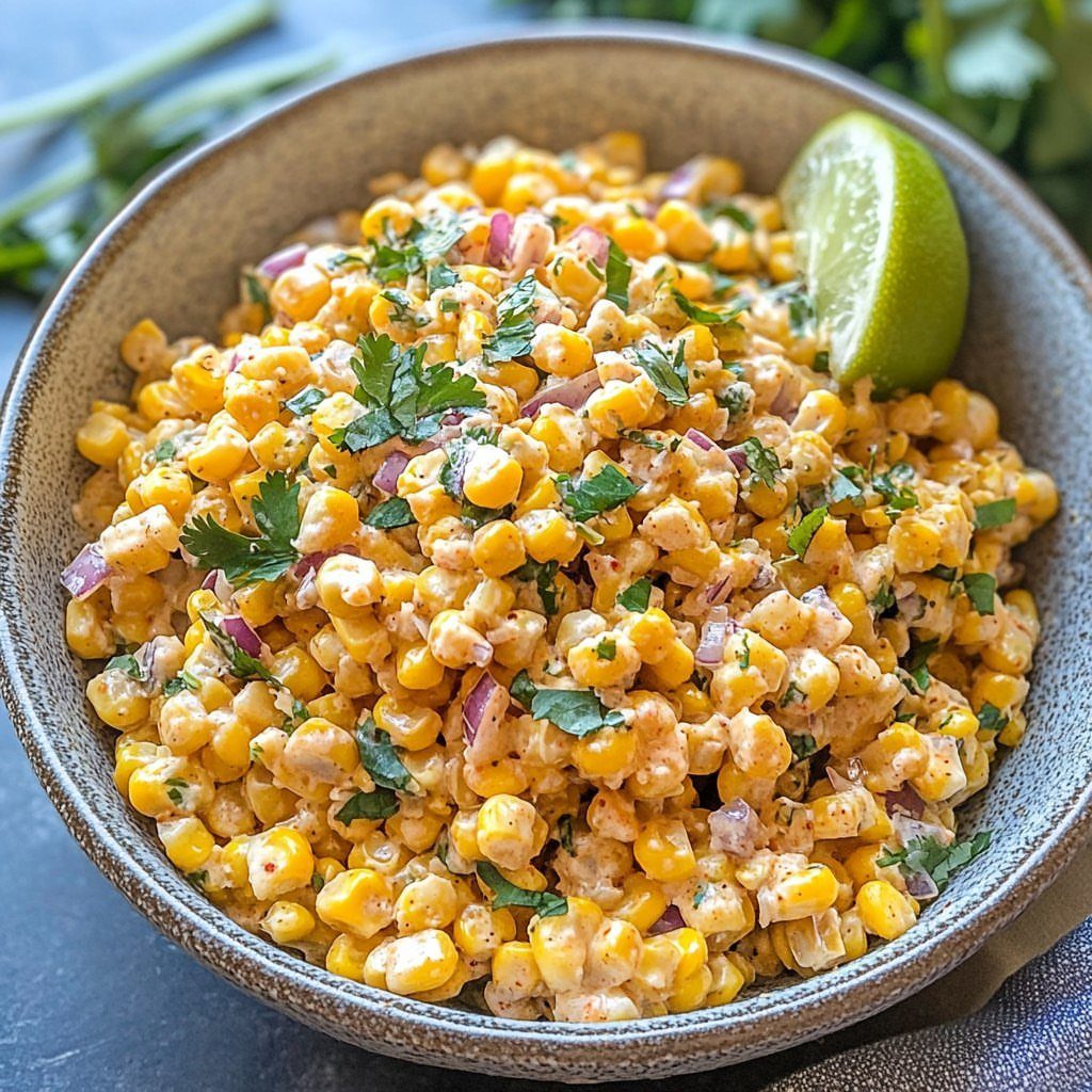 Creamy corn salad with red onion and cilantro topped with a lime wedge.