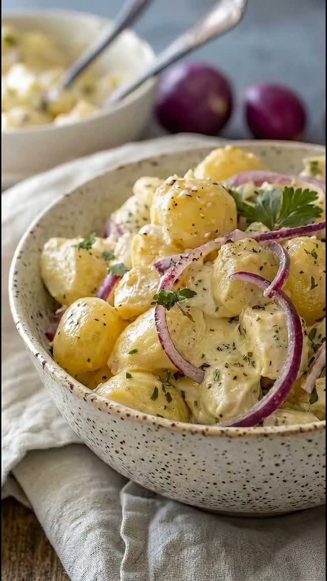 Creamy potato salad with red onions and parsley in a speckled ceramic bowl.