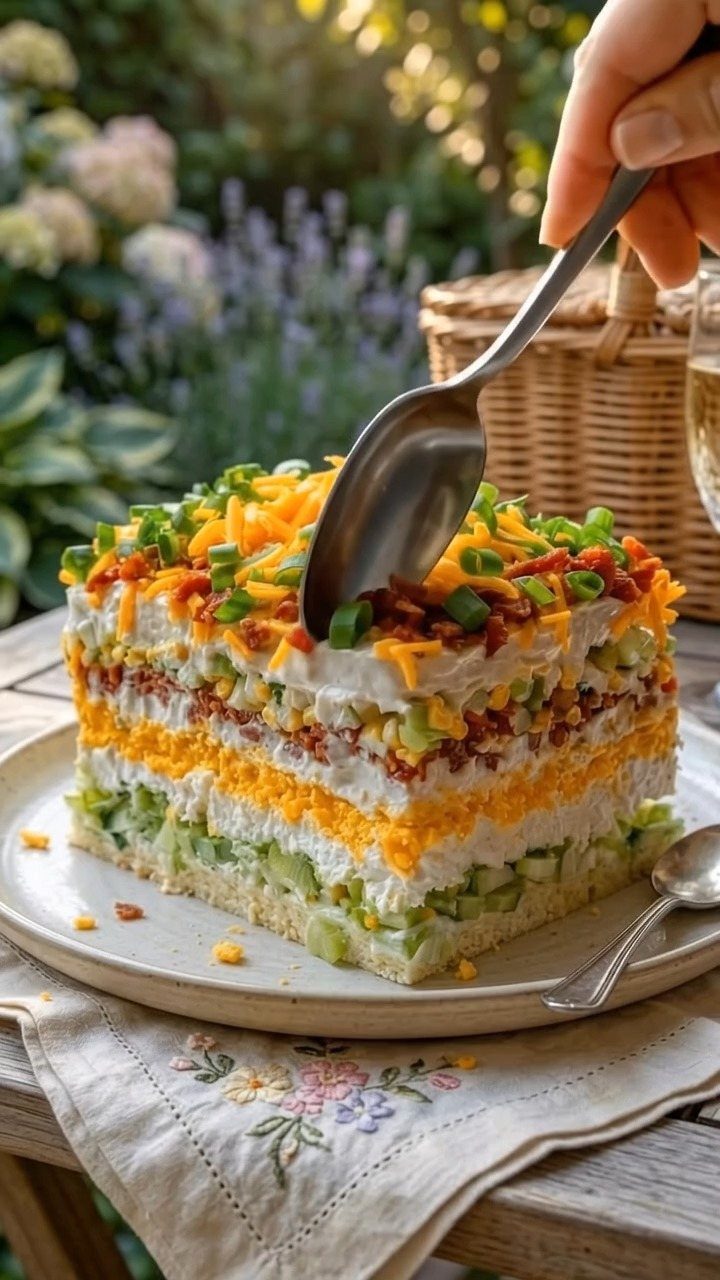 Layered salad with cheese and vegetables on a plate in an outdoor setting