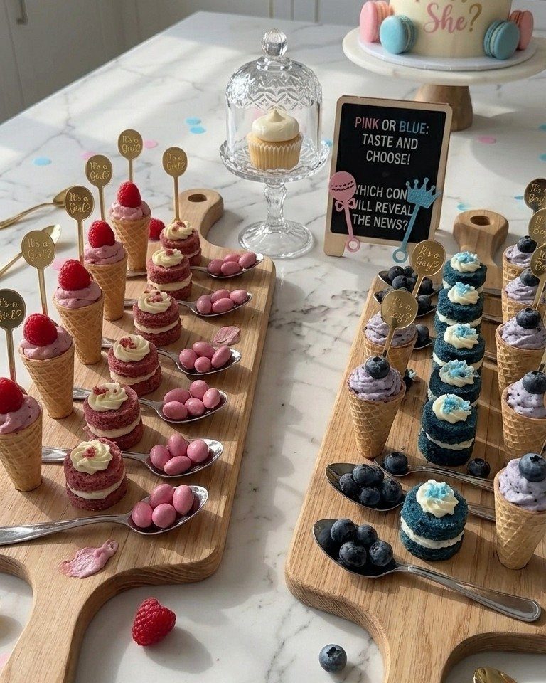 Pink and blue desserts on wooden grazing boards for a gender reveal party.