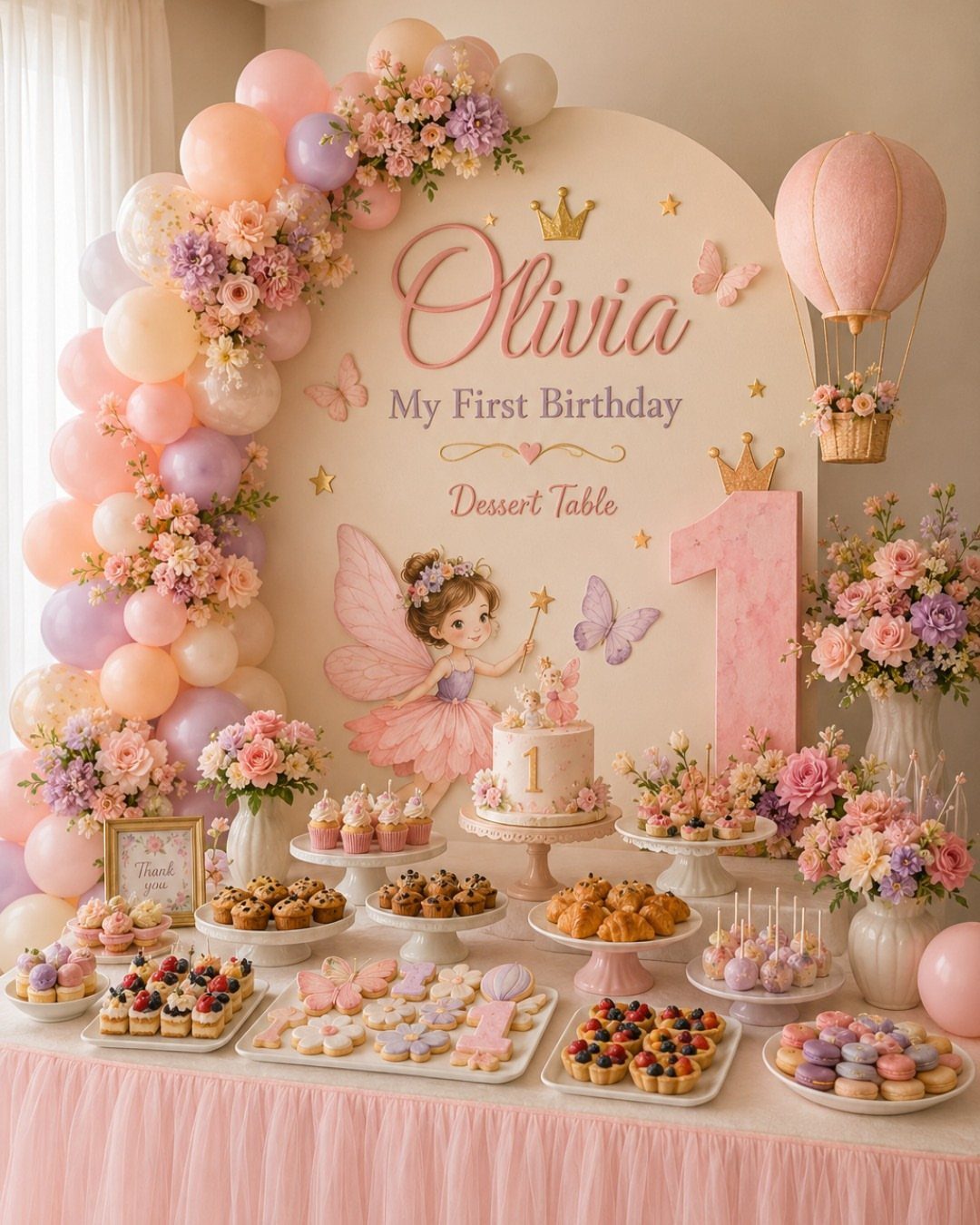 First birthday dessert table with pink tulle, cupcakes, cookies, and a fairy backdrop.