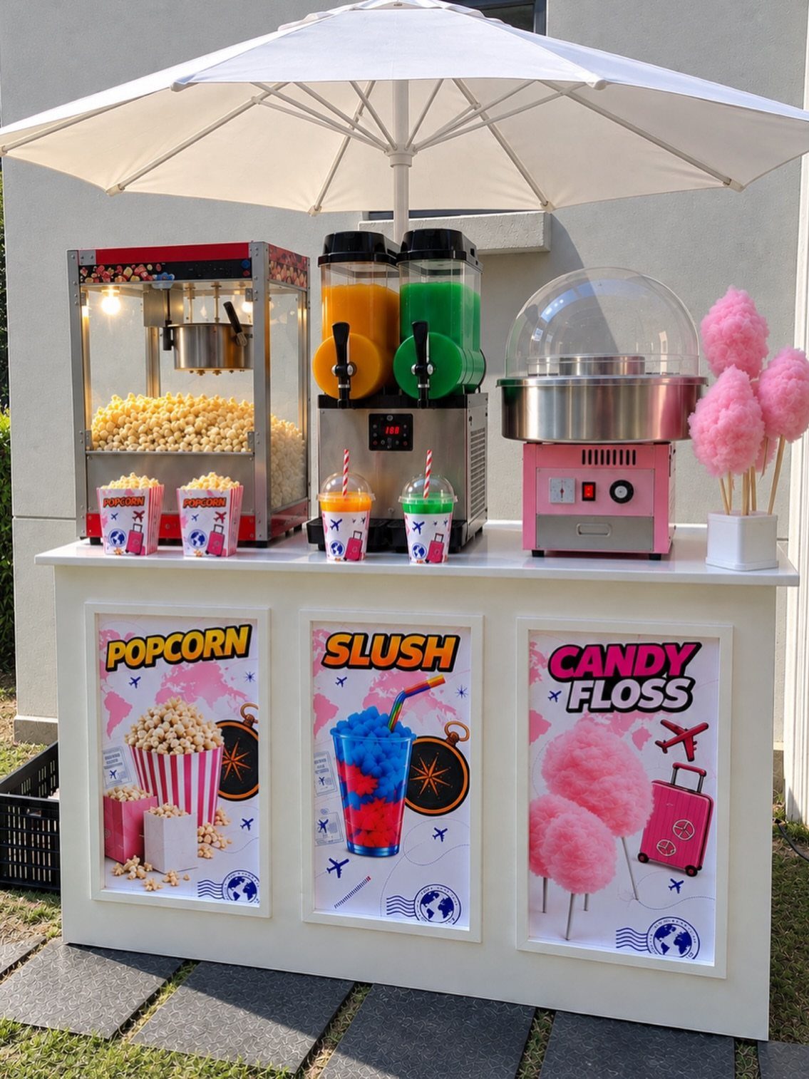 Outdoor dessert station with popcorn, slushies, and pink cotton candy under a white umbrella.