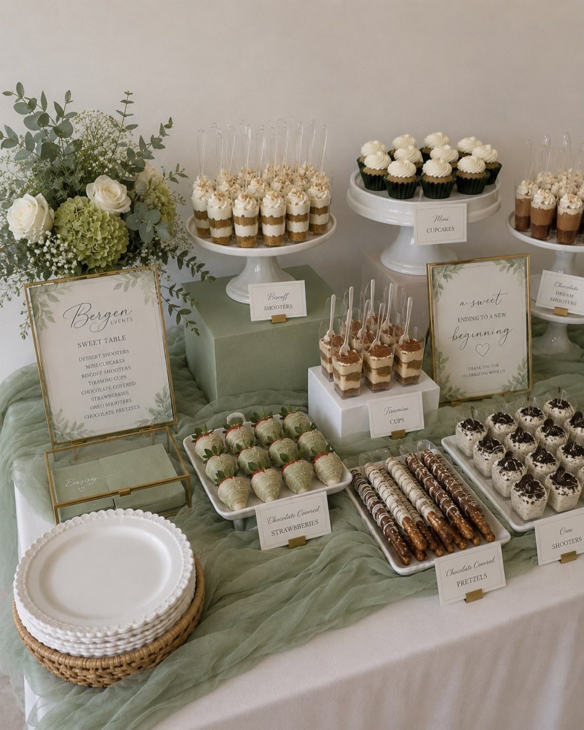 Dessert table with mini parfaits, cupcakes, and strawberries on a green tulle runner.
