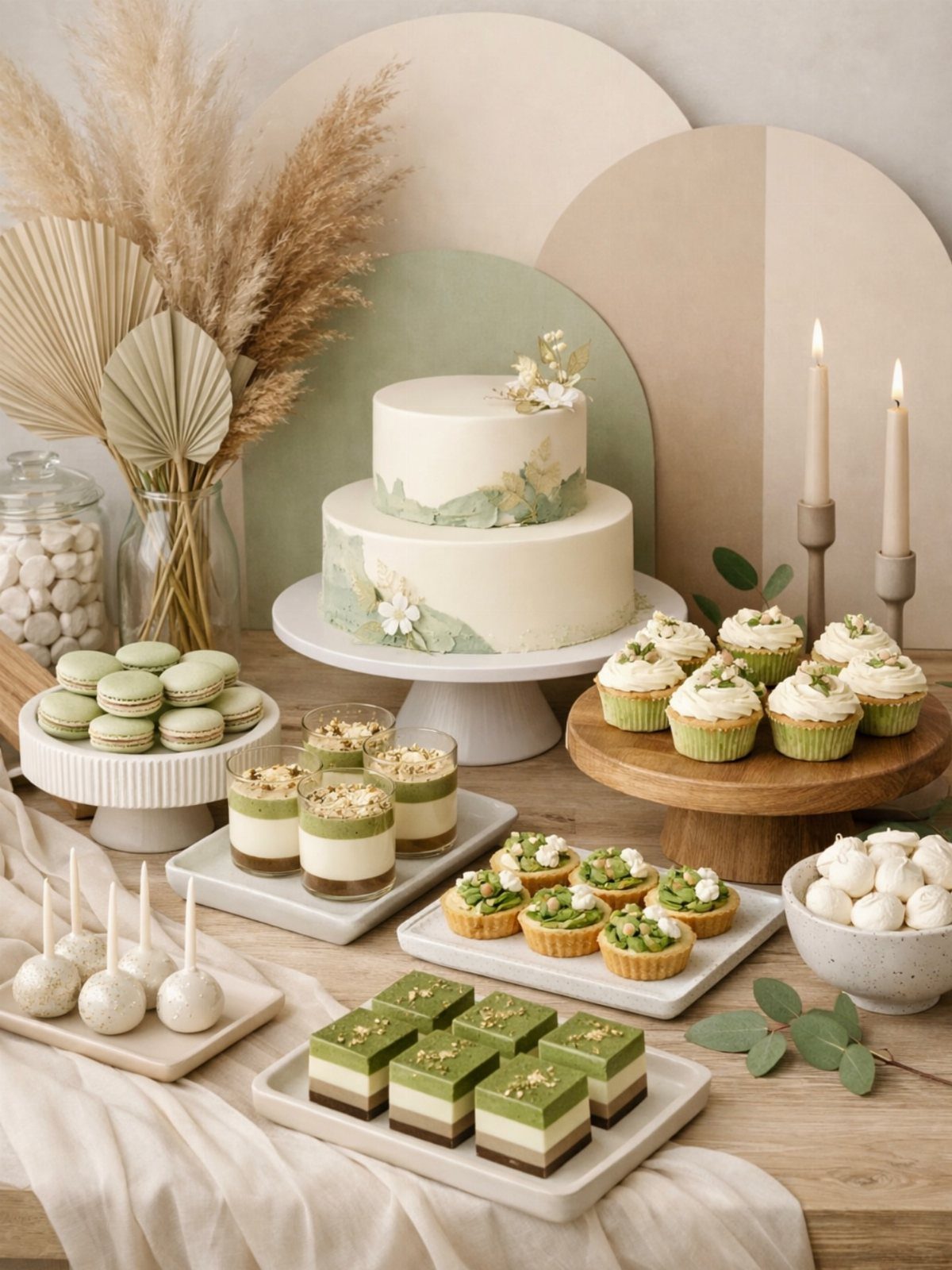 Dessert table with white and green treats, pampas grass, and neutral backdrops.