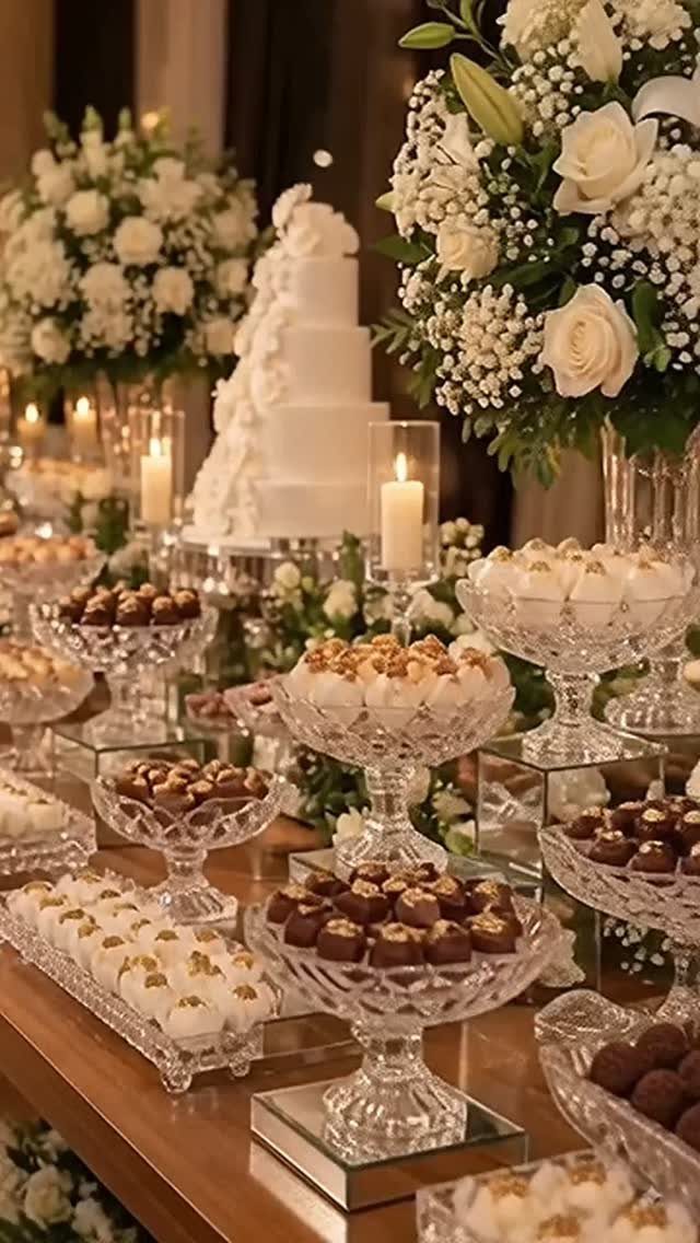 White tiered cake and chocolate truffles in crystal bowls with white floral arrangements.