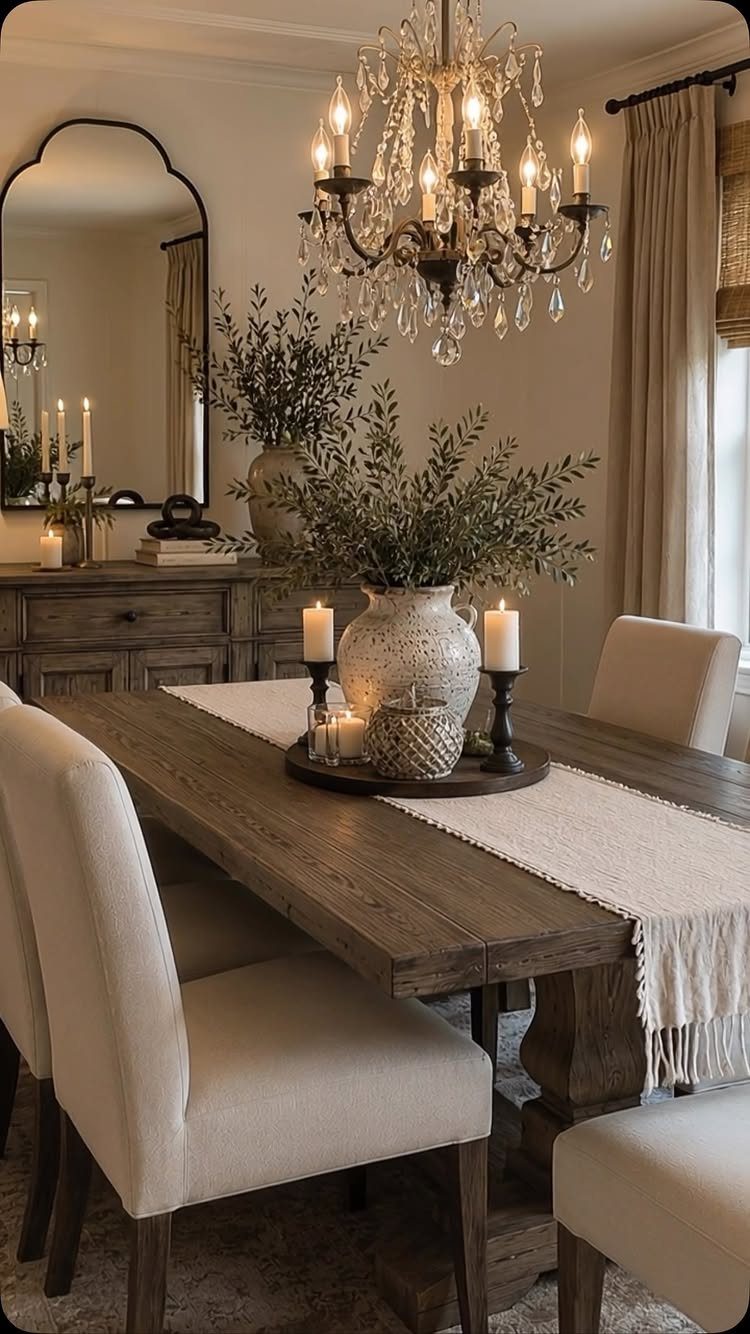 Rustic wooden dining table decorated with olive branches, white candles, and a runner.