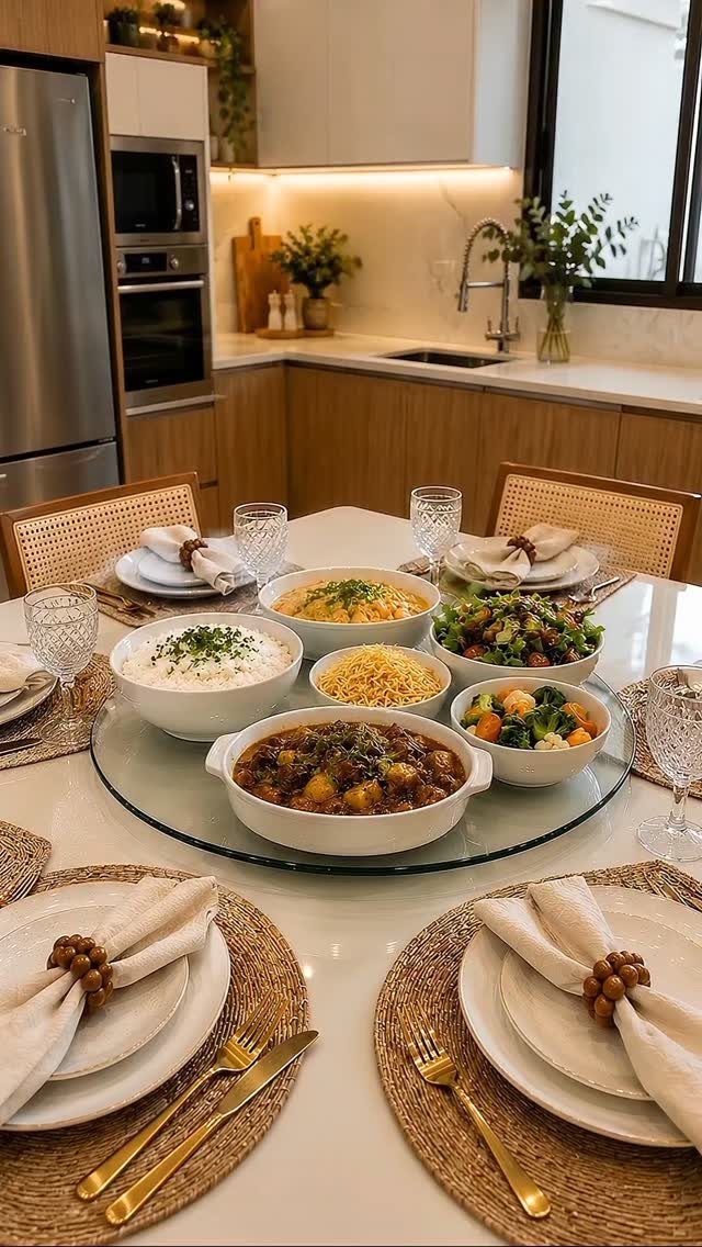Glass lazy Susan holding multiple bowls of food on a set dining table.