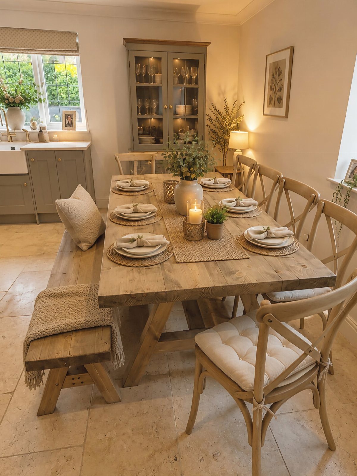 Rustic wooden dining table set with woven placemats, greenery, and white cushioned chairs.