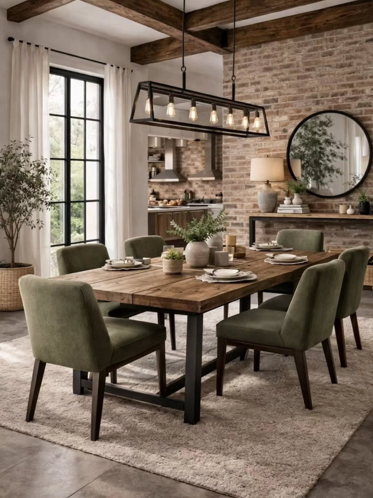 Wooden dining table with green chairs and small decorative items as a centerpiece.