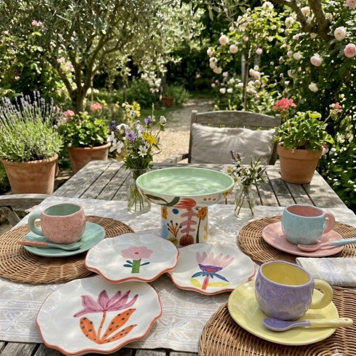 Colorful ceramic tableware with floral patterns on a wooden garden dining table.