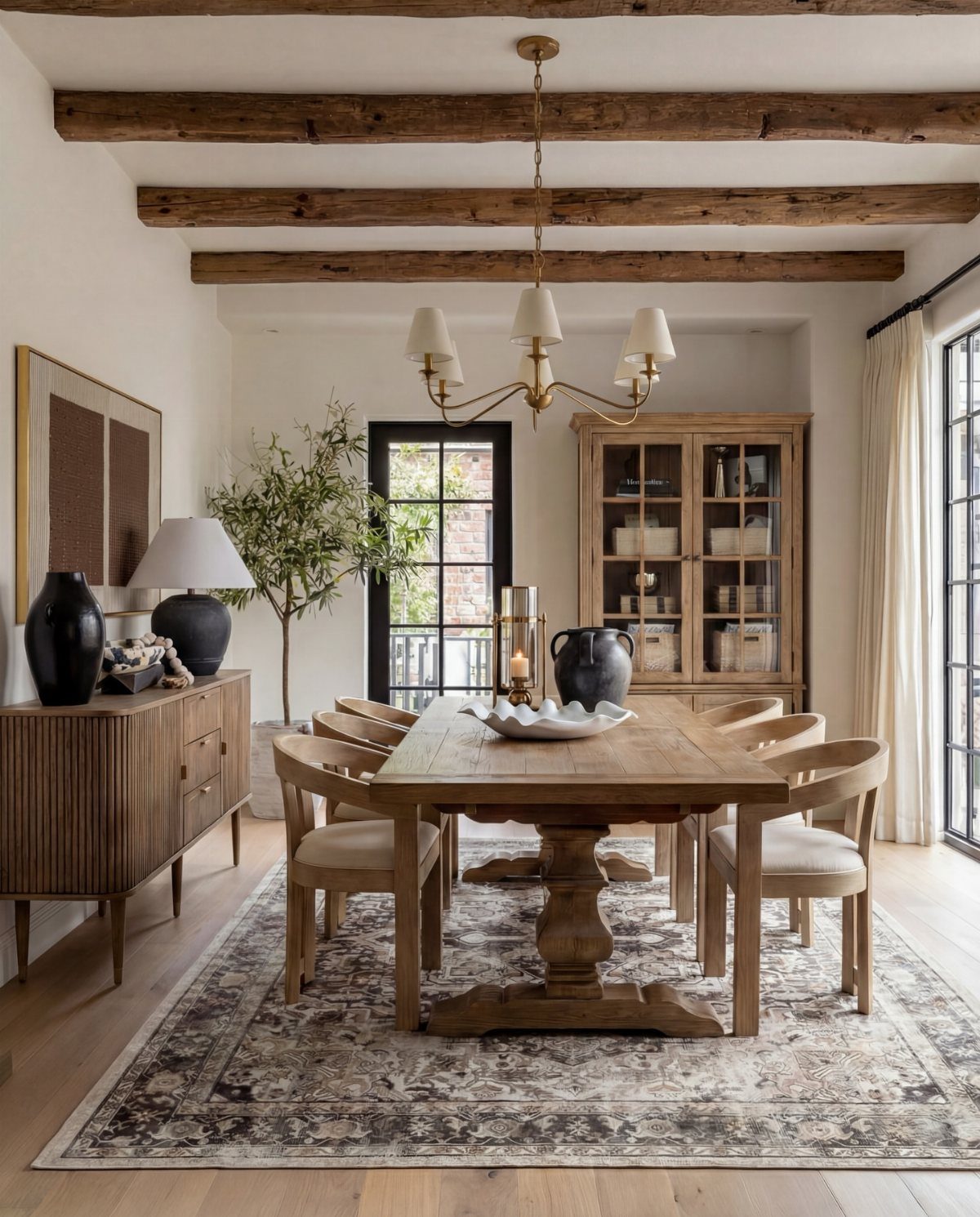 Wooden dining table with a vintage white bowl and black vase centerpiece.