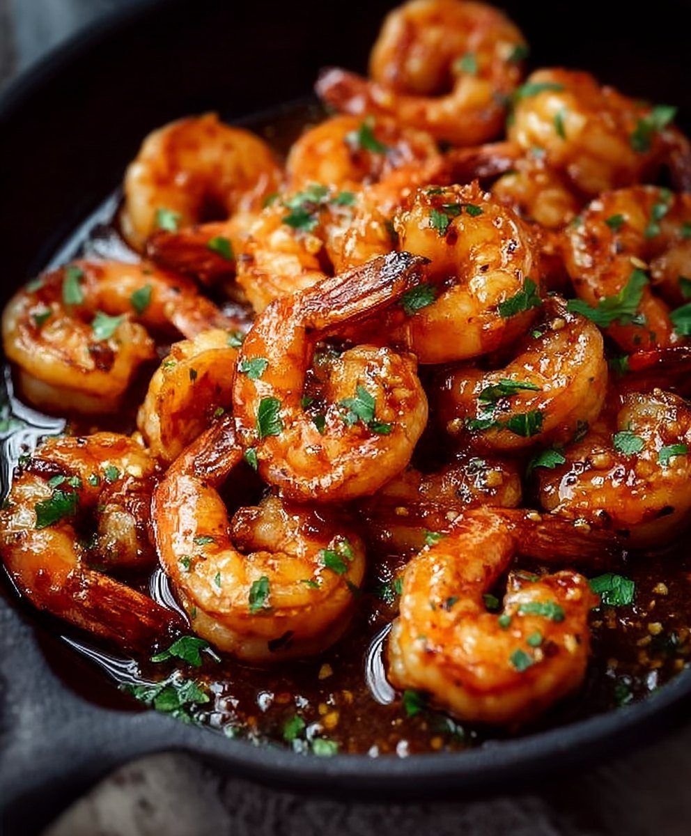 Glazed shrimp in a cast iron skillet garnished with fresh chopped parsley