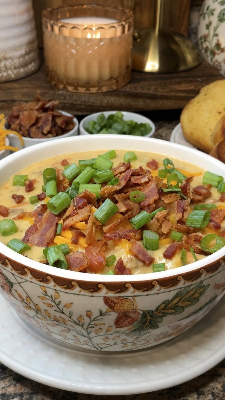 Creamy orange soup topped with bacon and green onions in a decorative bowl.