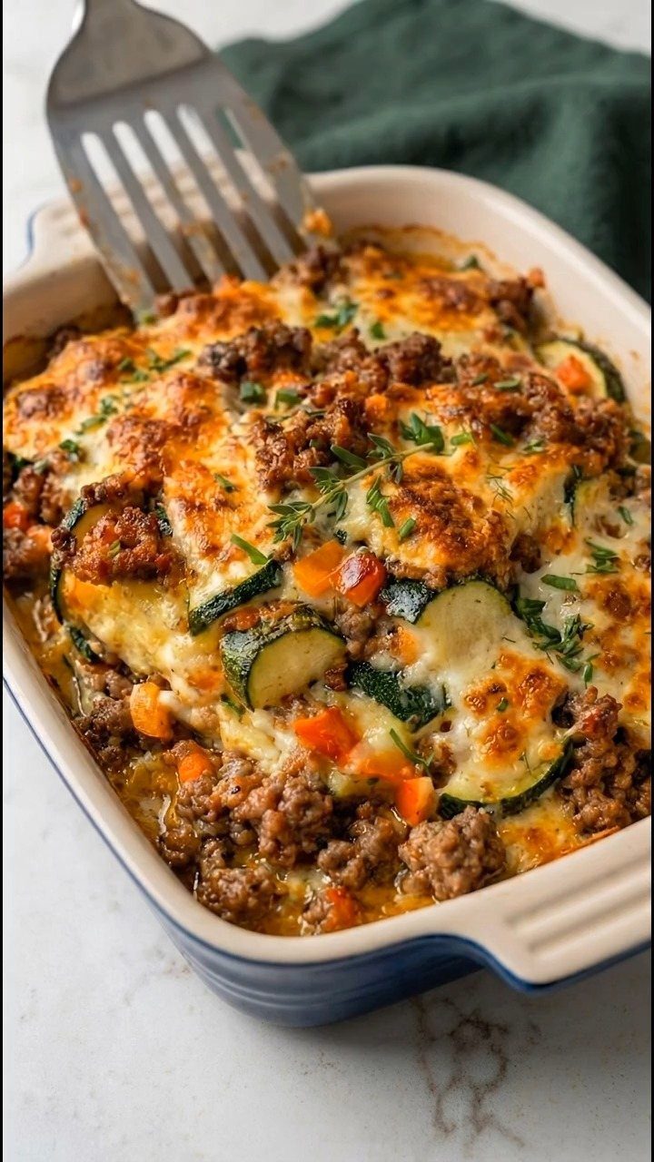 Baked meat and zucchini casserole with melted cheese in a blue ceramic dish